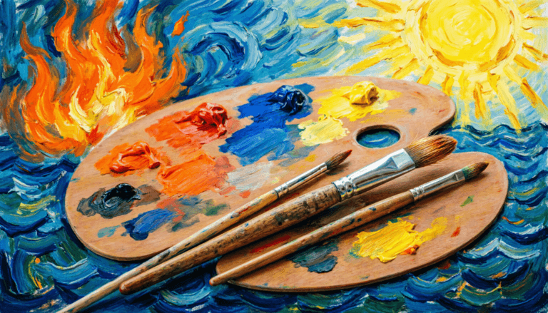 An artist palette and brushes resting on a colorful, expressive Post-Impressionist style background