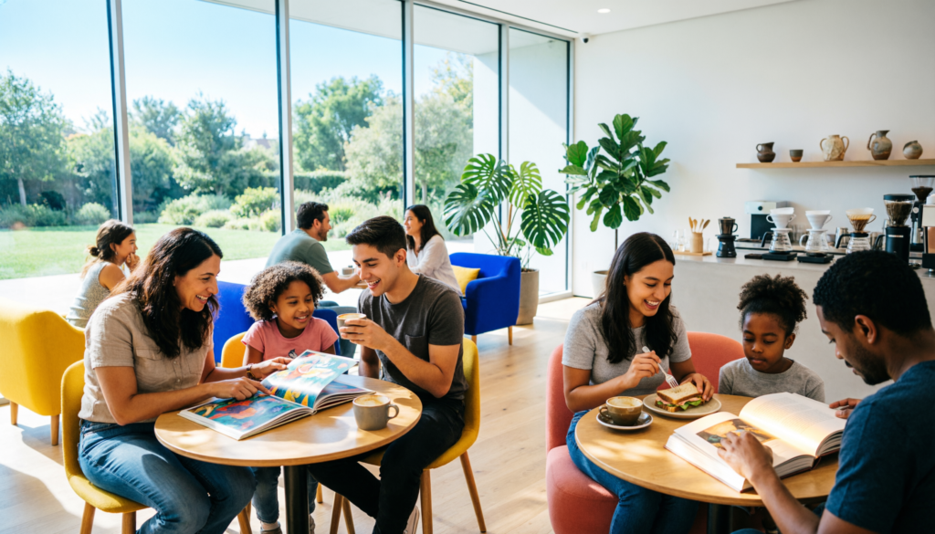Should Art Museums Be Free? The True Cost of Accessible Culture 5 Diverse families and friends enjoying coffee and looking at art books together in a bright museum cafe.