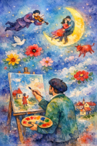 An artist painting a dream-like scene with floating figures and bright blue colors, representing Marc Chagall's art style.