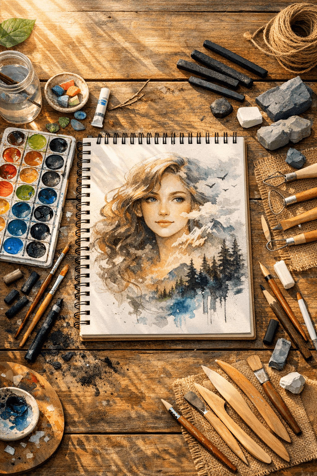 A wooden desk covered with different art supplies like watercolor paints, clay tools, and charcoal.
