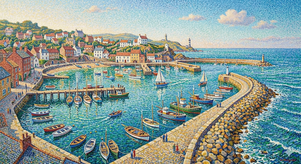 A close-up showing the tiny, colorful dots of paint used in the Pointillism technique.