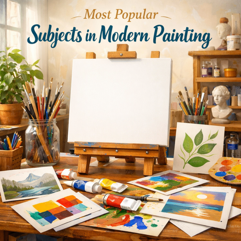 Artist studio with blank canvas and various painting subjects sketched out