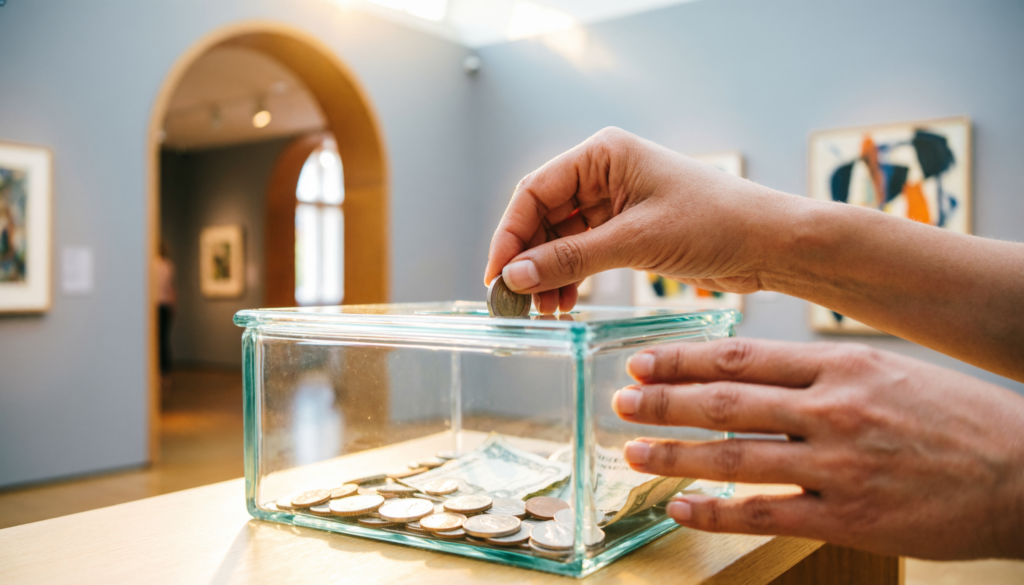 Should Art Museums Be Free? The True Cost of Accessible Culture 3 A visitor placing a donation into a transparent pay-what-you-wish box at an art gallery.