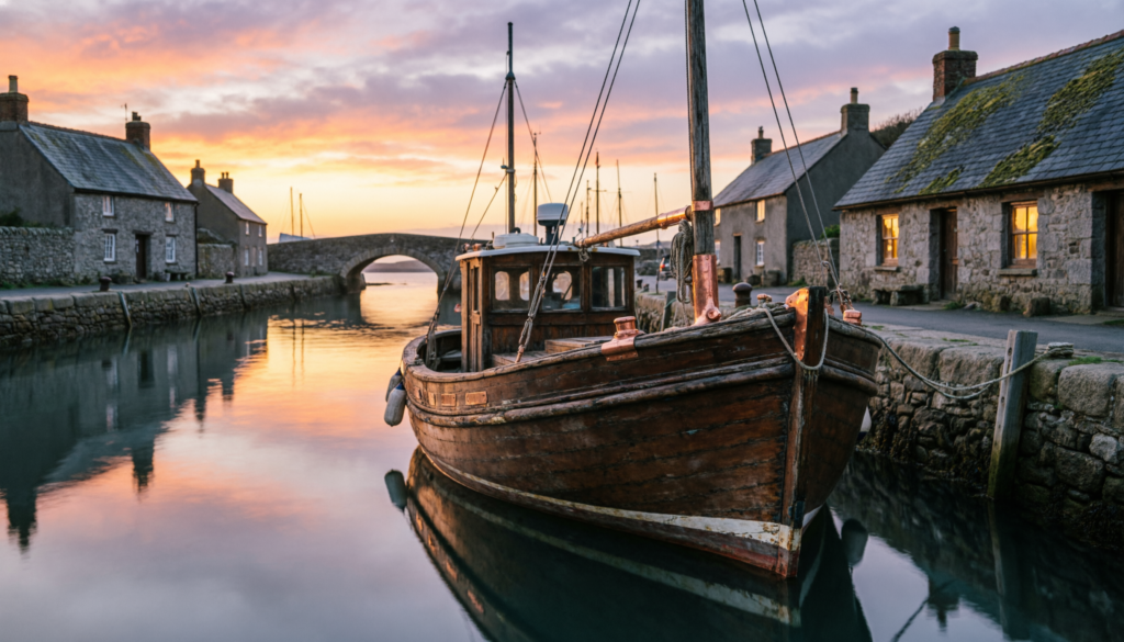 British Impressionists: A historic fishing boat in a Cornwall harbor at sunset