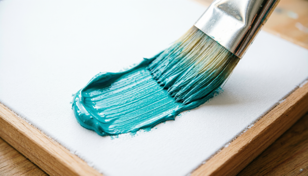 Applying bright turquoise acrylic paint with a brush onto a white primed wood surface.