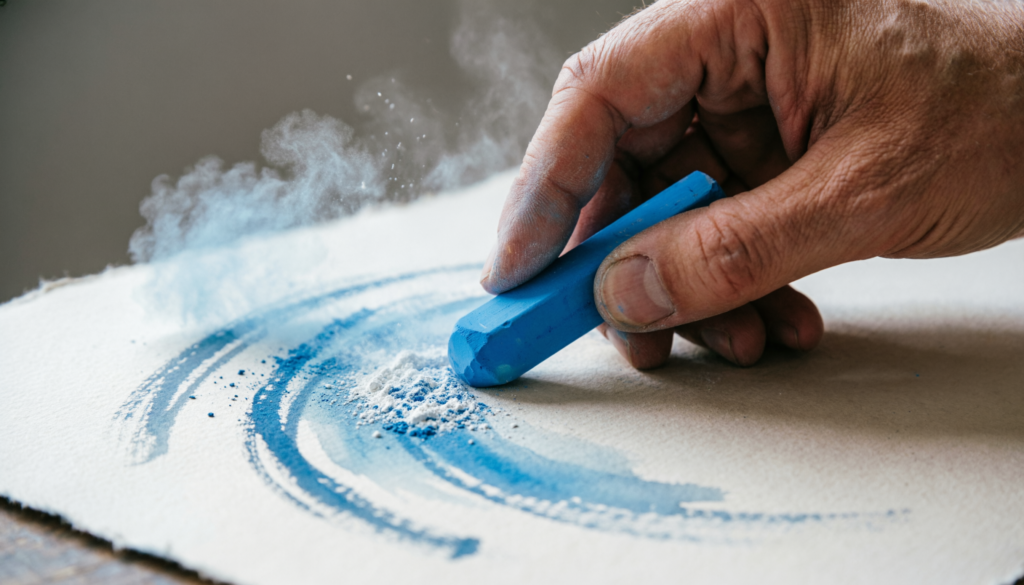 Close up view of an artist drawing sweeping strokes with a blue soft pastel on textured paper.