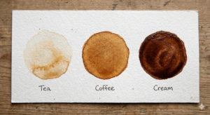 Three watercolor swatches showing the tea, coffee, and cream consistency scale for water control.