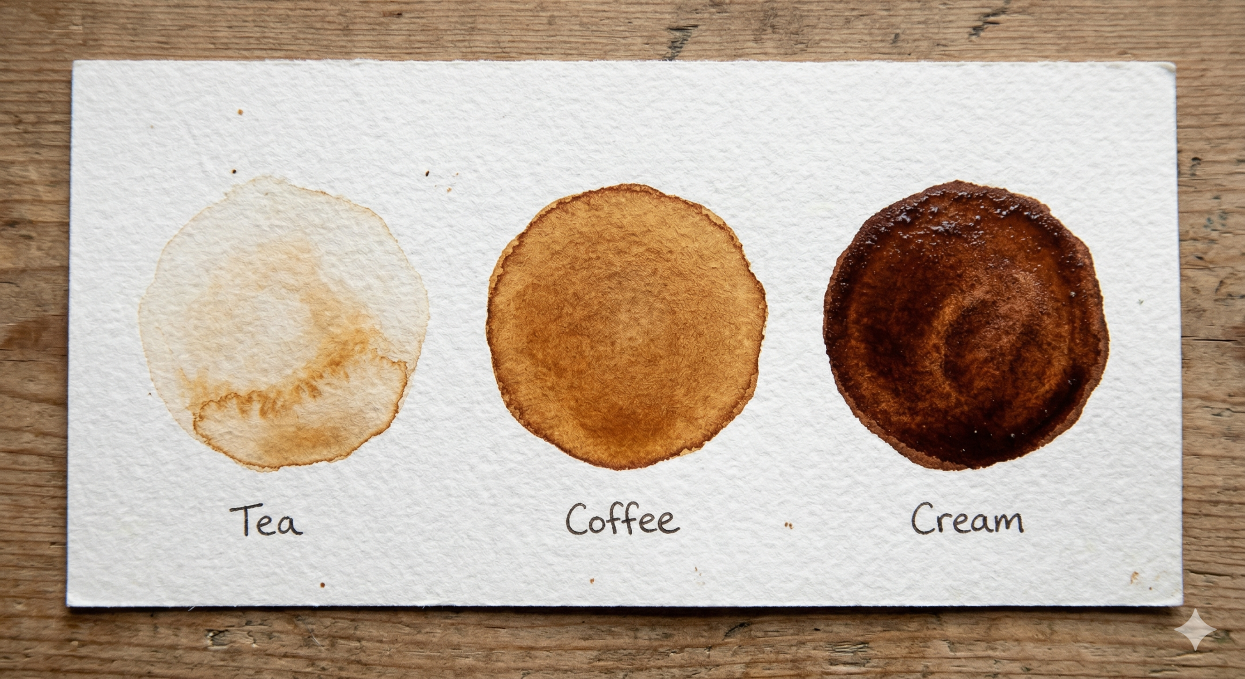 Three watercolor swatches showing the tea, coffee, and cream consistency scale for water control.