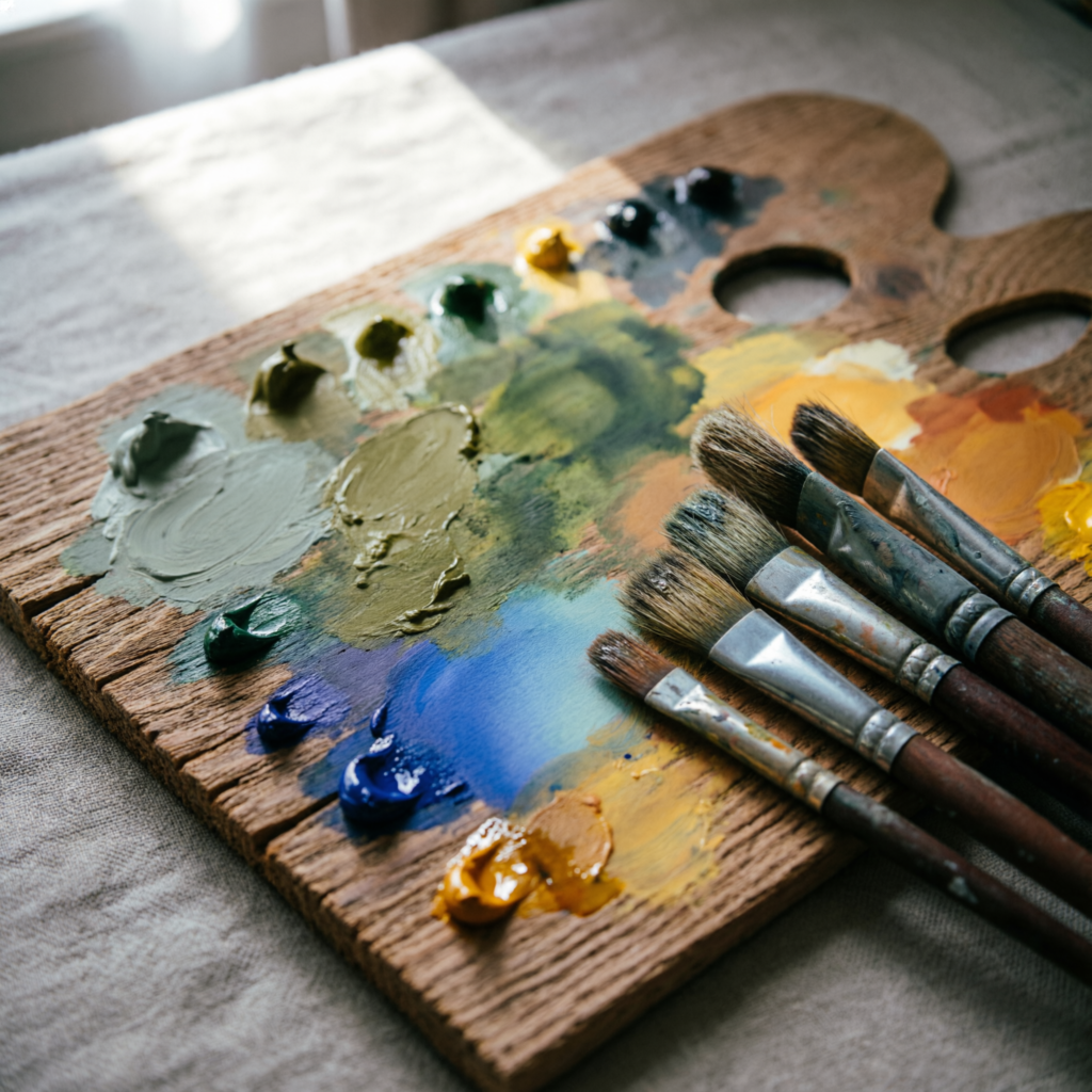 A painter's palette with mixed earthy colors and brushes