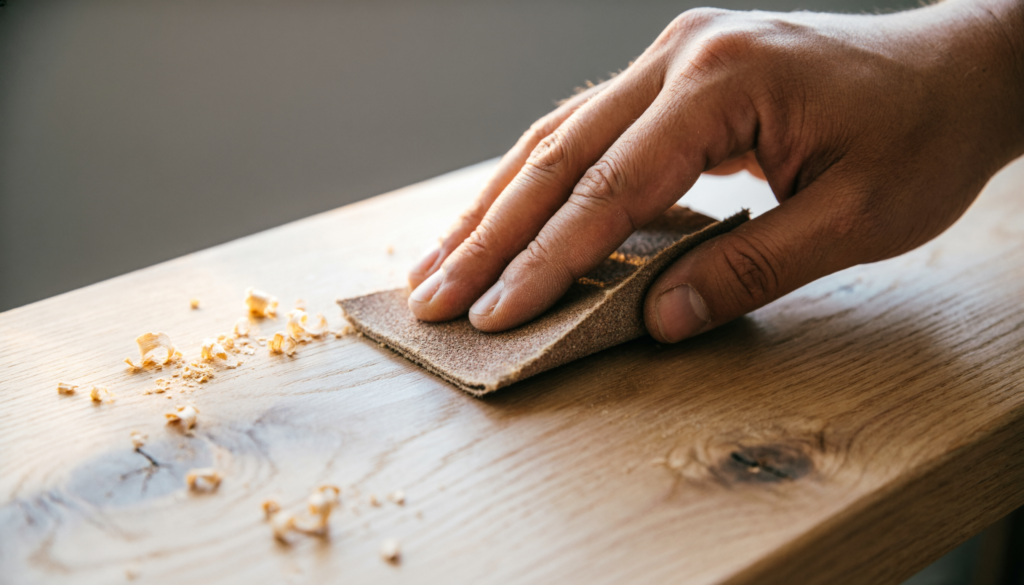 A person using fine-grit sandpaper to prepare a wooden panel for acrylic painting.