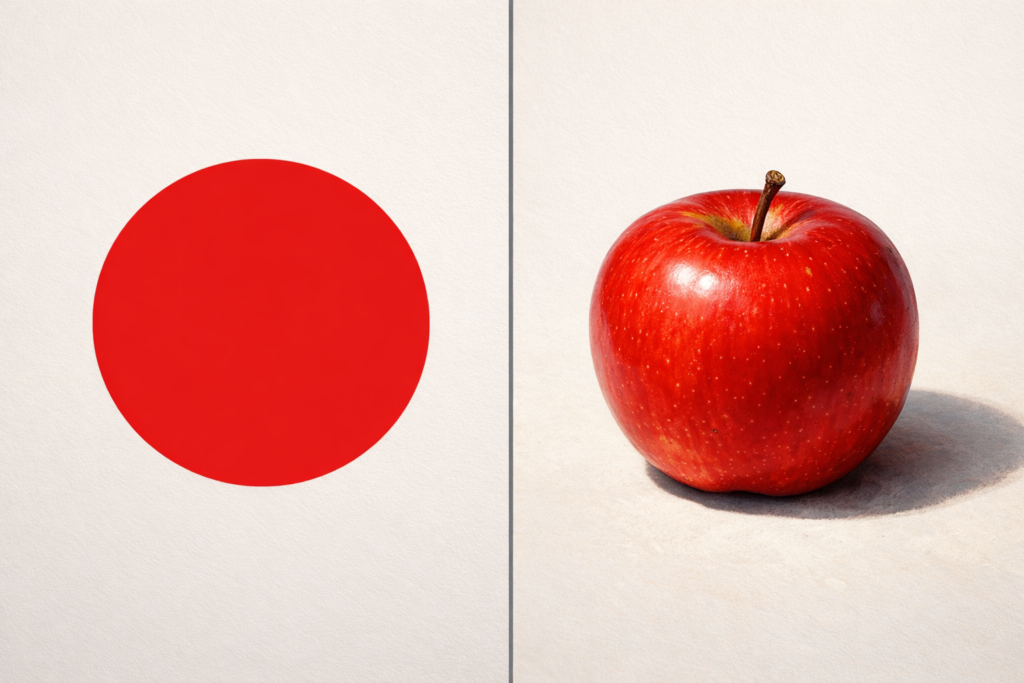 The 7 Elements of Art: A Beginner's Guide to Visual Building Blocks 4 A comparison showing a flat red circle next to a fully shaded three-dimensional red apple to explain shape versus form.