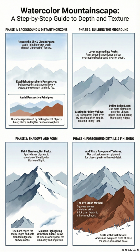 How to Paint Mountains in Watercolor - step by step infographic