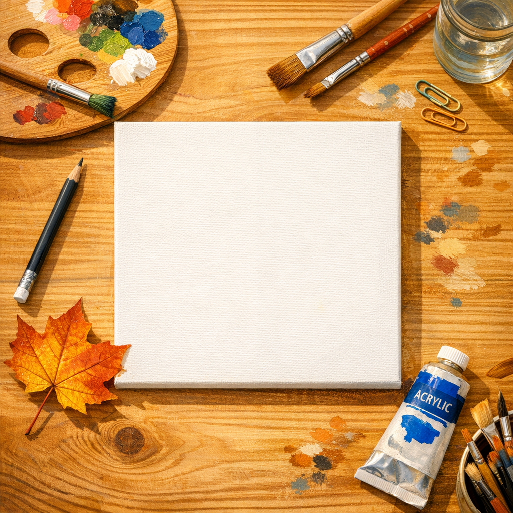 Art supplies including pencils, paint, and a leaf laid out on a wooden desk to practice the surrealism painting genre