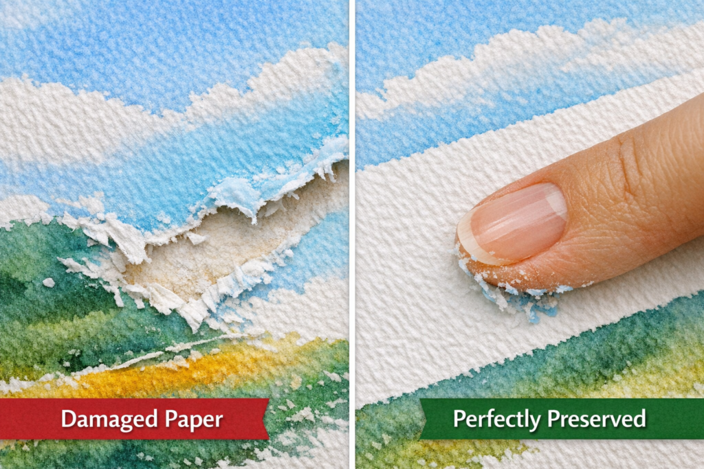 torn watercolor paper masking fluid