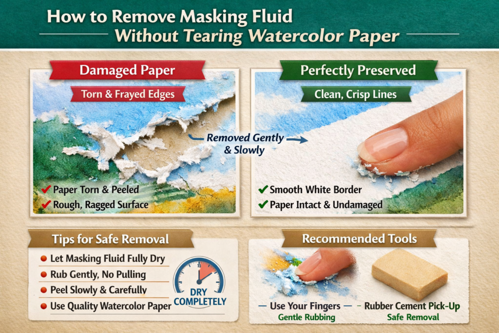 A comparison of torn watercolor paper and safely preserved paper using masking fluid.