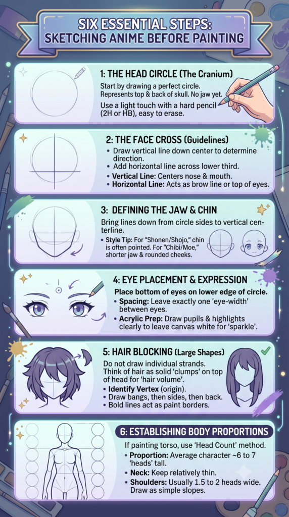 How to Paint Anime Style with Acrylics (A Beginner's Guide) 3 infographic - How to Draw Anime Characters: Drawing the Character First