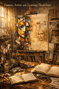 A cinematic, high-resolution shot of an artist's studio. A canvas in the center shows a blend of abstract Cubist shapes and classical Renaissance sketches. Warm sunlight streams through a window, hitting jars of brushes and scattered notebooks with mirror writing.