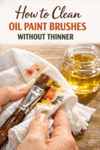 An artist cleaning an oil paint brush on a rag with a jar of linseed oil nearby.