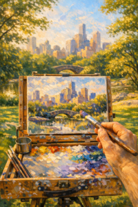 First-person view of an artist painting a NYC park scene in an American Impressionist style with thick brushstrokes and bright morning light.