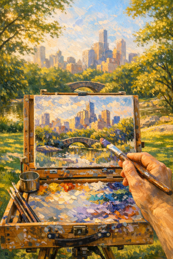 First-person view of an artist painting a NYC park scene in an American Impressionist style with thick brushstrokes and bright morning light.