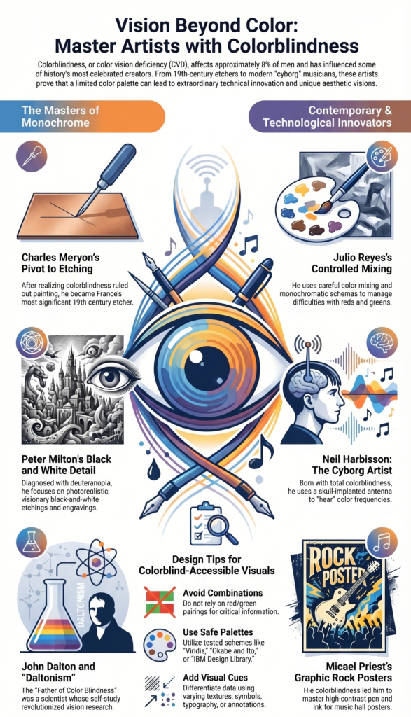 Famous Artists Who Were Colorblind: How Vision Secretly Shaped Art History 3 Colorblind artists infographic
