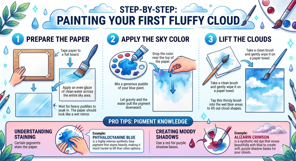 step-by-step process of painting your first fluffy watercolor cloud