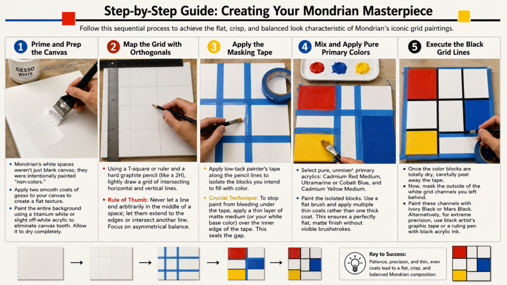 how to paint like Piet Mondrian infographic