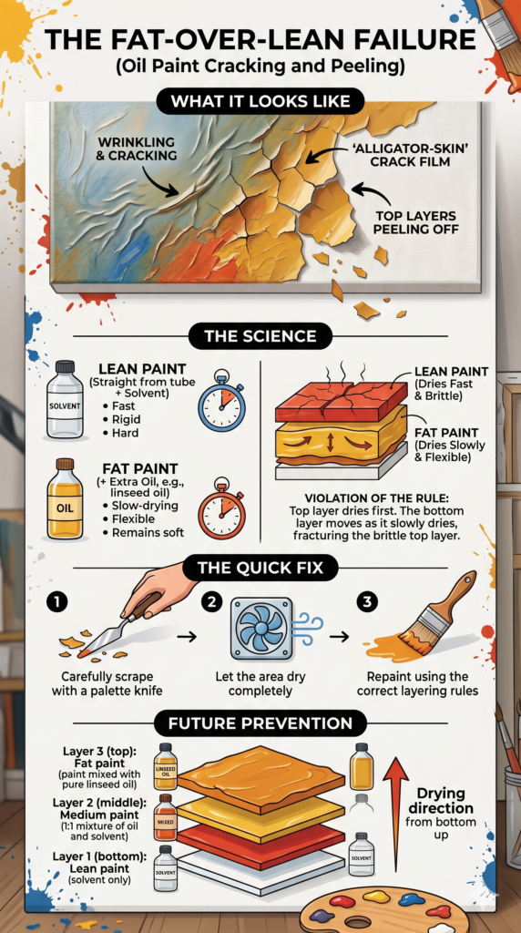 Troubleshooting Glossary for Artists: How to Fix Every Art Mistake 7 Fat-over-Lean Failure infographic