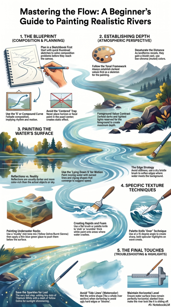 How to Paint a River Scene: Beginner's Guide 3 Guide to Painting Realistic Rivers infographic