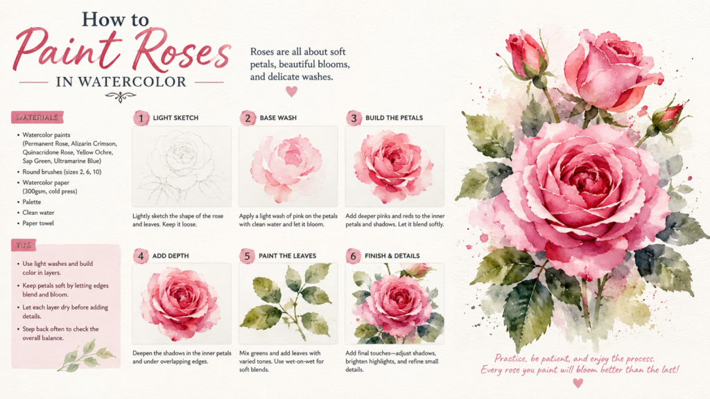 How to paint roses in watercolor banner