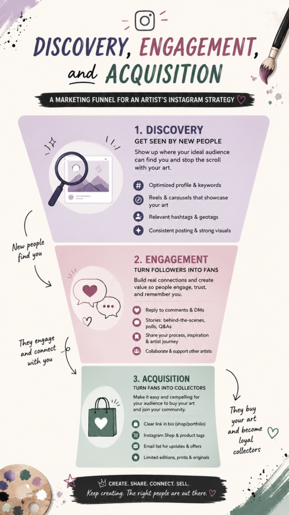 The Artist's Guide: How to Sell Art on Instagram Without a Massive Following 4 A simplified marketing funnel diagram labeled 'Discovery, Engagement, and Acquisition' specifically tailored for an artist's Instagram strategy.