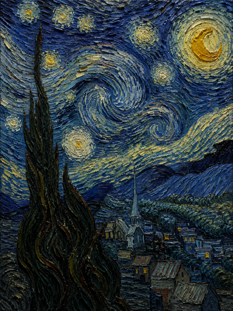 Mastering Palette Knife Painting: A Beginner's Guide to Impasto and Texture 3 Swirling night over a peaceful village