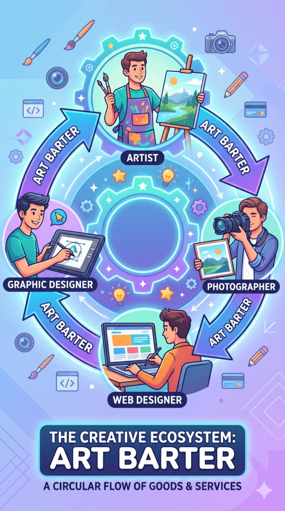 Art Bartering for Artists: A Step-by-Step Guide to Creative Exchange 3 A stylized infographic showing a circular flow of goods and services: an artist's painting, a photographer's camera, a web designer's laptop, and a graphic designer's tablet, all connected by arrows labeled "art barter".