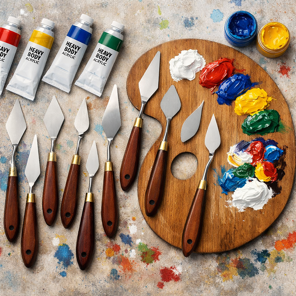 Mastering Palette Knife Painting: A Beginner's Guide to Impasto and Texture 4 flat lay of various diamond-shaped and tear-drop metal palette knives