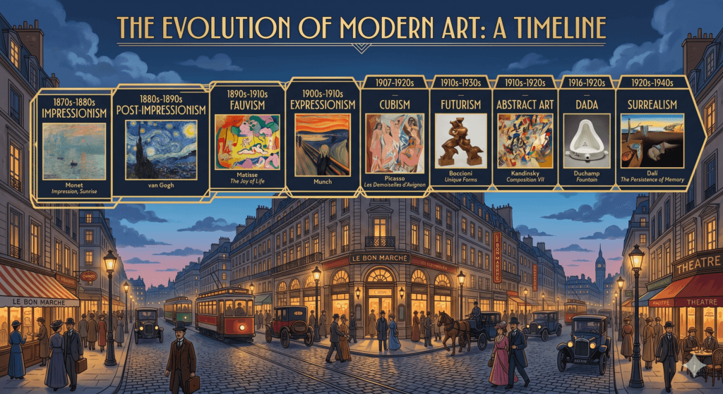 Exploring A to Z of Modern Artists and Their Revolutionary Techniques 4 timeline graphic illustrating the evolution of modern art movements