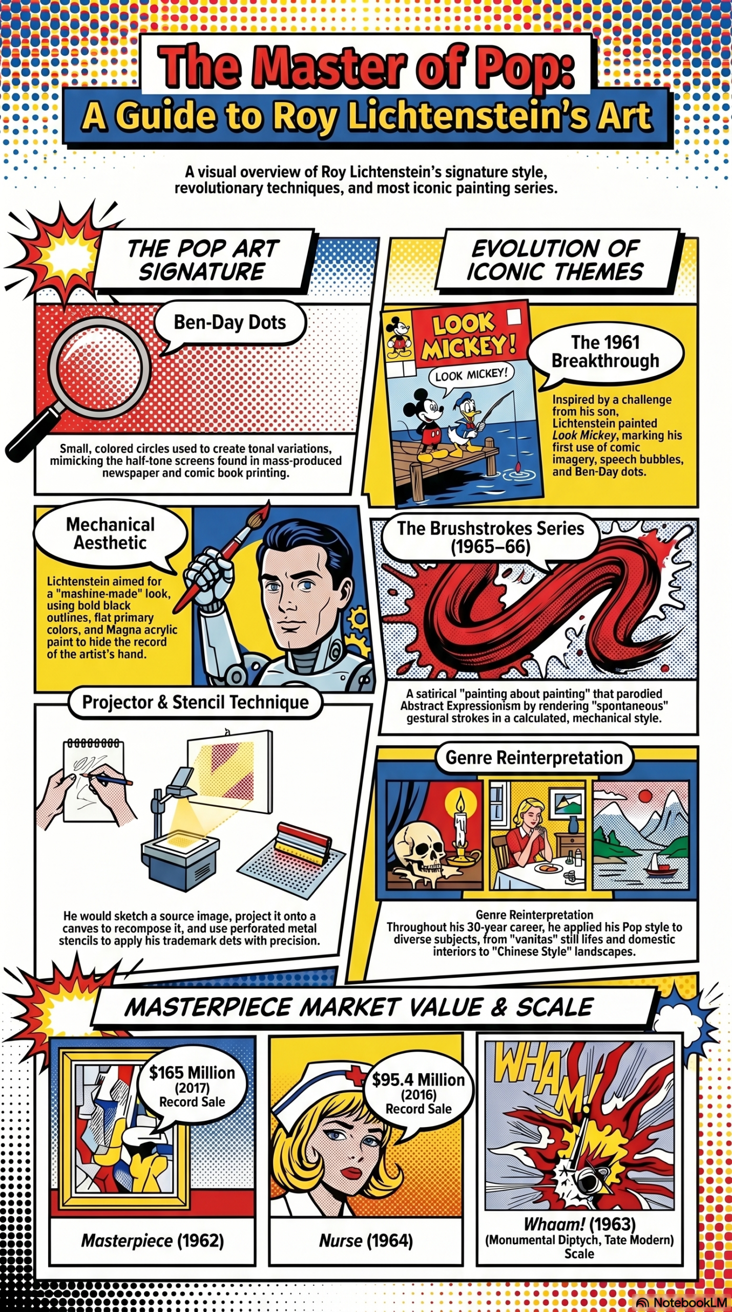 Roy Lichtenstein's Enduring Legacy: How He Defined Pop Art 3 Roy Lichtenstein's Enduring Legacy explores the history of Pop Art and how comic book elements like bright primary colors, speech bubbles, and Ben-Day dots took over the fine art world.