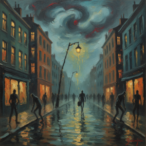 Painting Styles With Examples: A Visual Reference Guide 7 An expressionist painting of a vibrant, emotional city street at night with distorted figures and bold, dramatic brushstrokes.