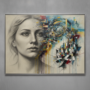 Painting Styles With Examples: A Visual Reference Guide 17 A contemporary art piece showcasing a blend of realistic human features and abstract colorful shapes