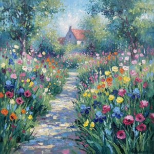Painting Styles With Examples: A Visual Reference Guide 5 An Impressionist painting of a vibrant flower garden featuring visible, broken brushstrokes and dappled light.