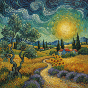 Painting Styles With Examples: A Visual Reference Guide 6 A vibrant Post-Impressionist painting of a colorful countryside with swirling brushstrokes, textured yellow fields, and green cypress trees, inspired by Vincent van Gogh.