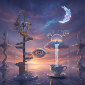 Painting Styles With Examples: A Visual Reference Guide 11 A surreal dream landscape featuring impossible geometric shapes and floating objects under a twilight sky