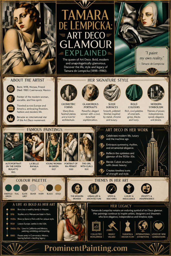 Unlocking the Tamara de Lempicka Painting Style: An Art Deco Guide 3 Tamara de Lempicka Painting Style: Vertical Pinterest infographic titled โTamara de Lempicka: Art Deco Glamour Explained,โ featuring elegant geometric portraits, metallic accents, streamlined shapes, bold shadows and a sophisticated palette of emerald green, black, cream, gold and deep red. Sections explain her signature style, recurring themes, famous works, colour palette and influence, with a ProminentPainting.com footer.