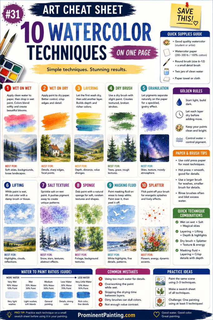 9 Essential Watercolor Techniques for Beginners: The Ultimate Practice Guide 4 Watercolour Techniques Cheat Sheet Infographic