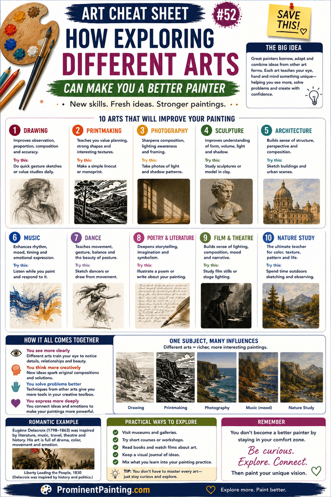 Art Cheat Sheet #52 titled “How Exploring Different Arts Can Make You a Better Painter.” A 2:3 Pinterest infographic explains how drawing, printmaking, photography, sculpture, architecture, music, dance, poetry and literature, film and theatre, and nature study can improve painting skills. It covers observation, composition, value, form, perspective, rhythm, movement, storytelling, mood and creativity, with practical exercises and visual examples.