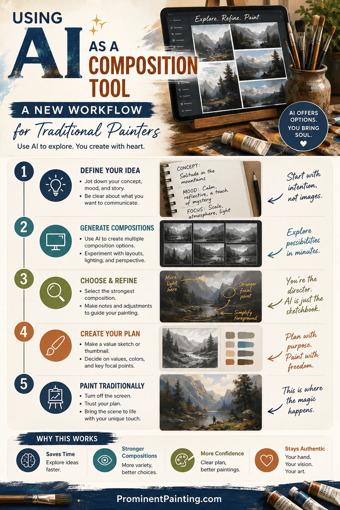 Vertical infographic titled “Using AI as a Composition Tool: A New Workflow for Traditional Painters.” It shows a seven-step process: start with a painting idea, make a rough sketch, use AI to explore composition variations, compare focal point and value structure, choose and simplify one option, redraw it by hand, then paint from references and observation. Includes thumbnail examples, value studies, crop diagrams and the footer “ProminentPainting.com.”