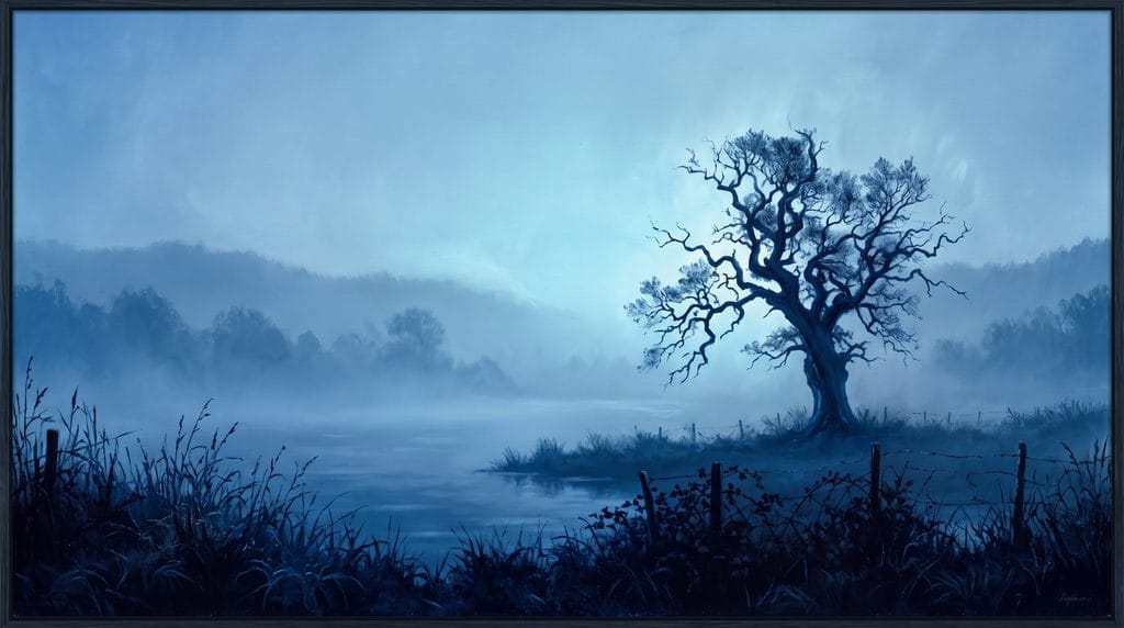 Render this scene in a monochromatic blue palette