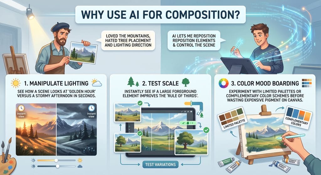 "An infographic titled 'Why Use AI for Composition?'. The top section contrasts a frustrated traditional painter holding a reference photo with the text 'Loved the mountains, hated tree placement and lighting direction,' alongside a smiling digital artist using a tablet with the text 'AI lets me reposition elements & control the scene.