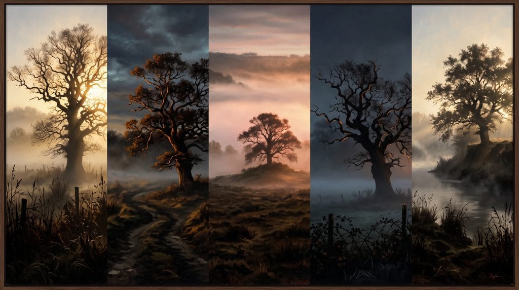 A horizontal collage of five vertical panels, each displaying a variation of a 17th-century style oil painting. Every panel features a low-angle view of a lone, gnarled oak tree in a misty field, characterized by dramatic rim lighting and a dark, silhouetted foreground. The panels transition through different atmospheric moods and lighting conditions, with subtle variations in the foreground scenery, such as a wooden fence, a winding dirt path, and a calm river.