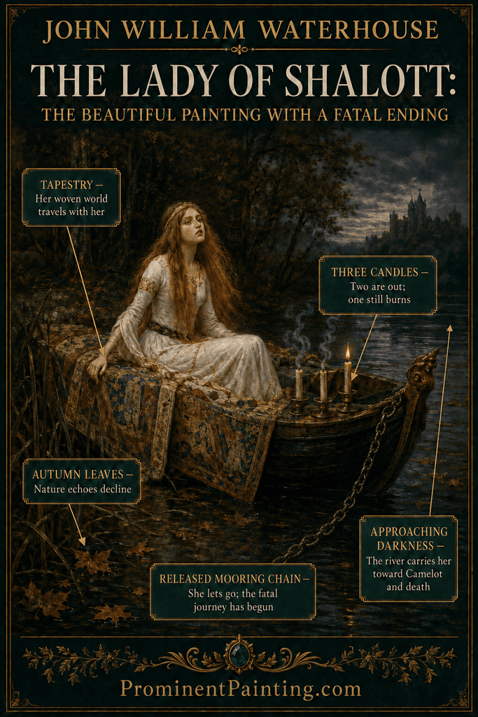 The Lady of Shalott Painting Meaning: Symbols and Story Explained 3 Vertical infographic analysing John William Waterhouseโs The Lady of Shalott. Callouts identify the tapestry, released mooring chain, three candlesโtwo extinguished and one burningโautumn leaves and approaching darkness. ProminentPainting.com appears in the footer.